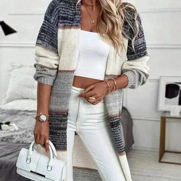 Multicolor Casual Women's Patchwork Loose Dual Pocket Long Cardigan - Picture 5 of 6